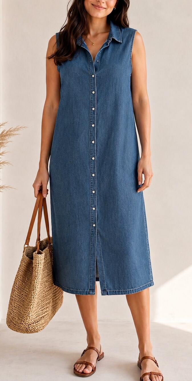Vintage Casual Corner Annex Denim Shirt Dress Sleeveless Button Front Midi 16W